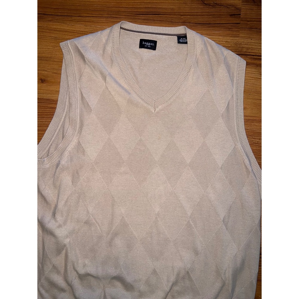 Haggar Mens XL Argyle V-Neck Sweater Vest Beige Tan - Picture 2 of 8